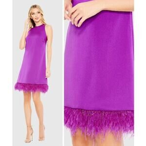 MAC DUGGAL 55805 Purple Size 0 Dress Feather Hem High Neck Sleeveless TrapezeNWT